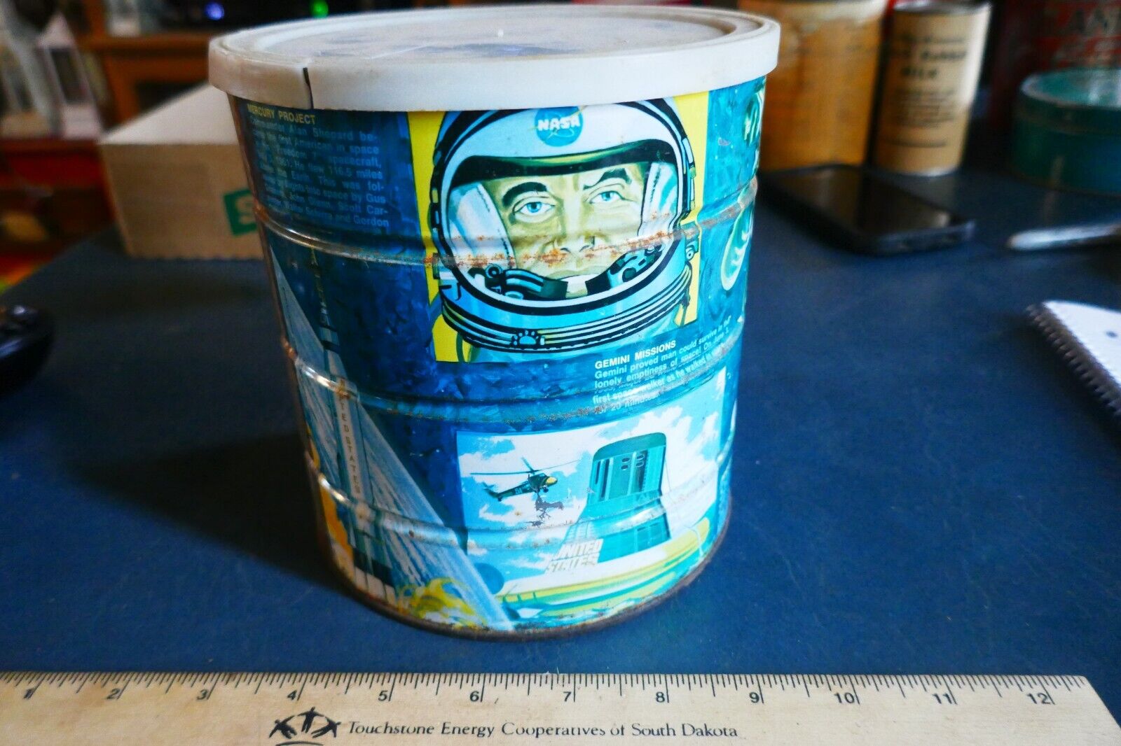 Vintage 1969 Empty Coffee Tin Can Space Astronaut Graphics Lot 24-14-TT-CH