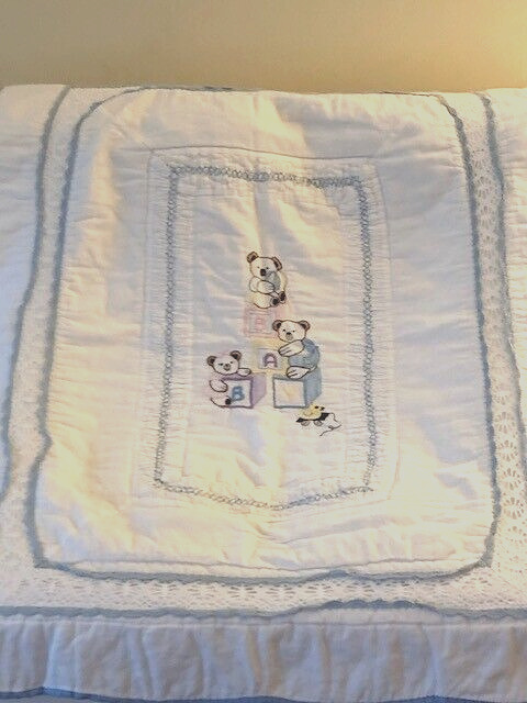Vintage Baby Quilt Bears and Blocks Hand Made Blue & White 46\