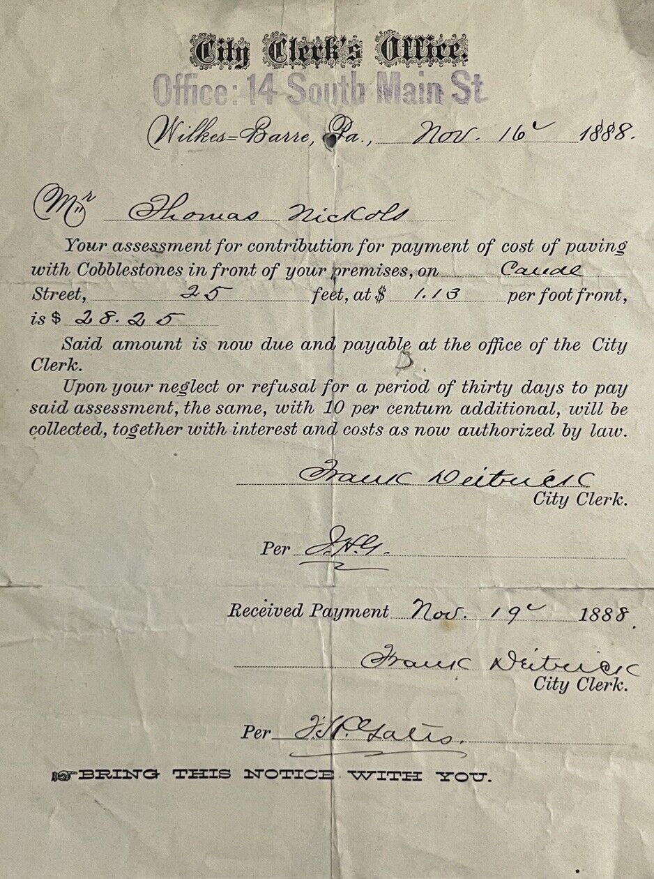 Wilkes Barre Pennsylvania Ephemera City Invoice for Paving Frank Dietrick 1888