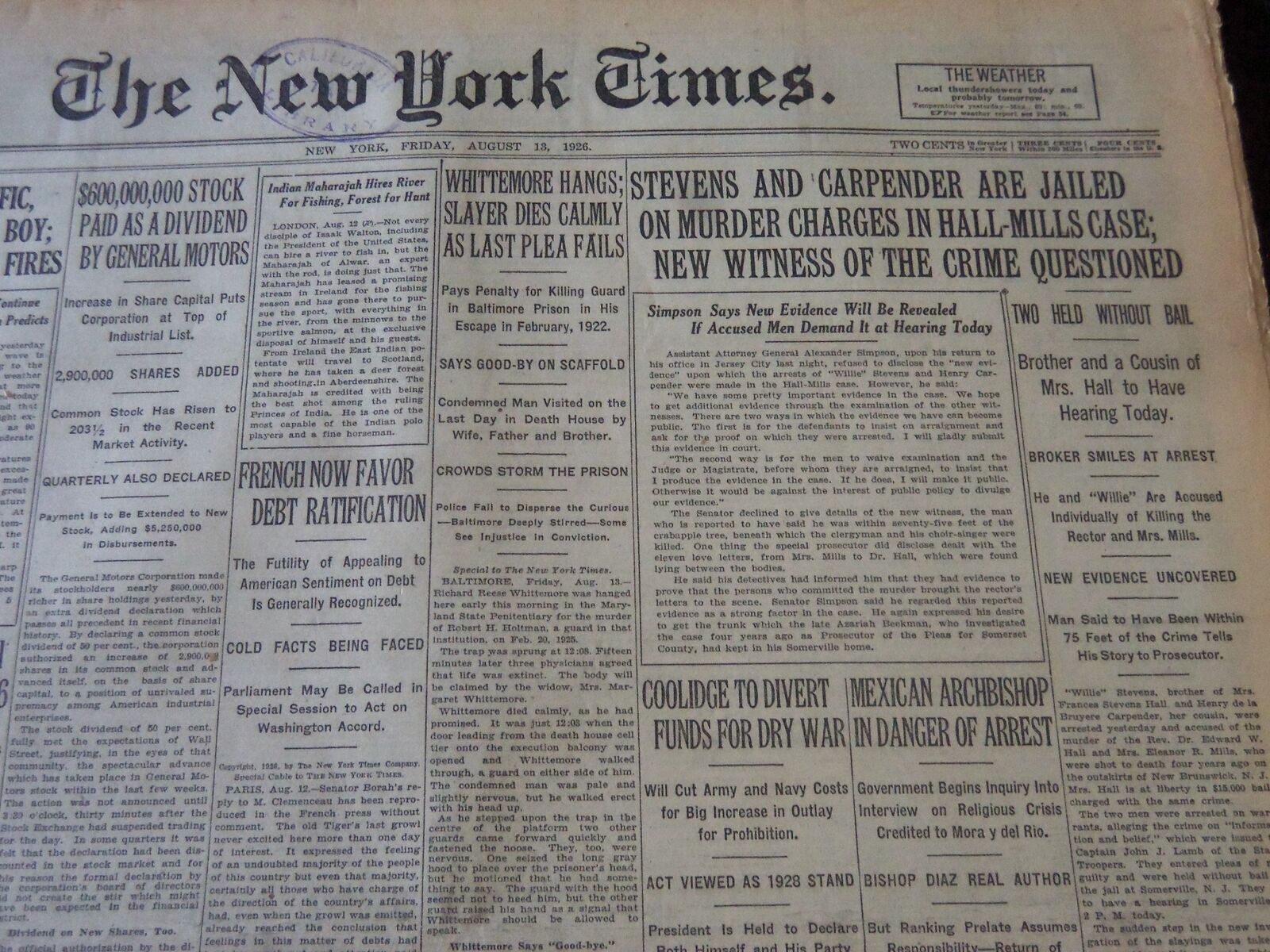 1926 AUGUST 13 NEW YORK TIMES - STEVENS AND CARPENDER ARE JAILED - NT 6603