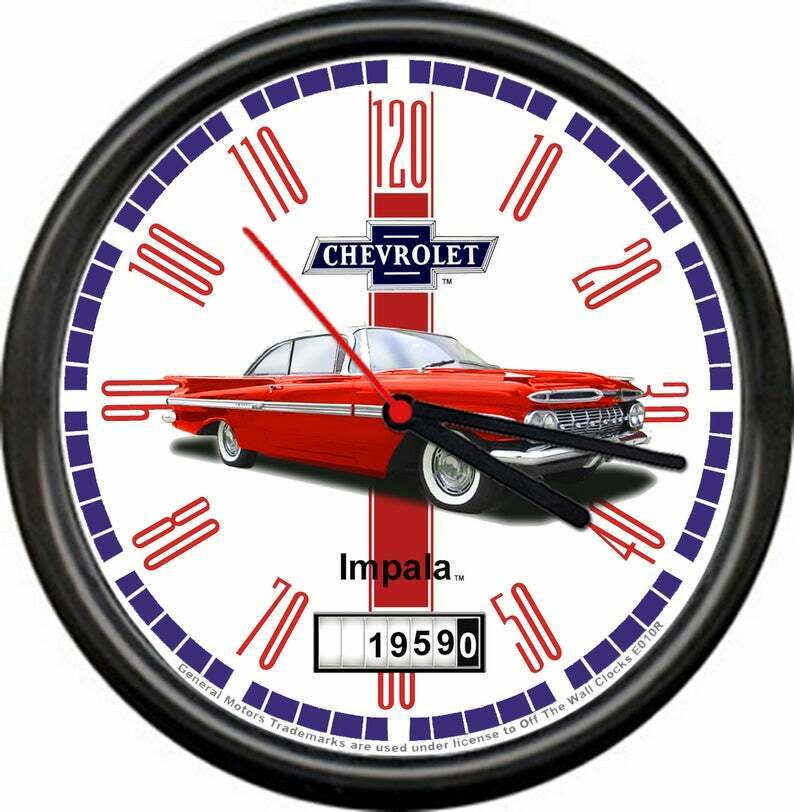 Licensed 1959 Chevrolet Red Impala 2 Door Sedan General Motors Sign Wall Clock