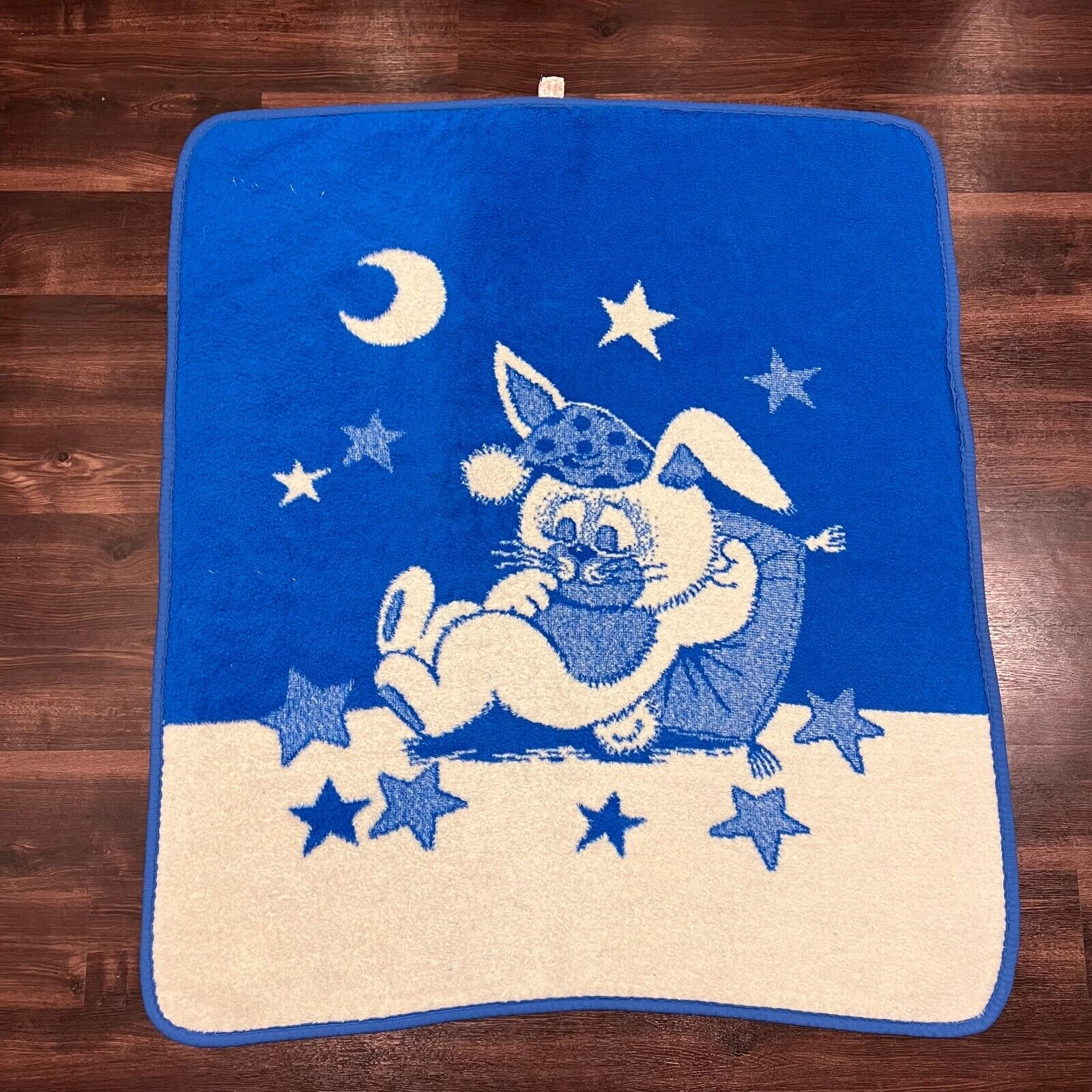 Vintage San Marcos Blanket Blue Bunny Stars Reversible Mexican Cobija 42x48