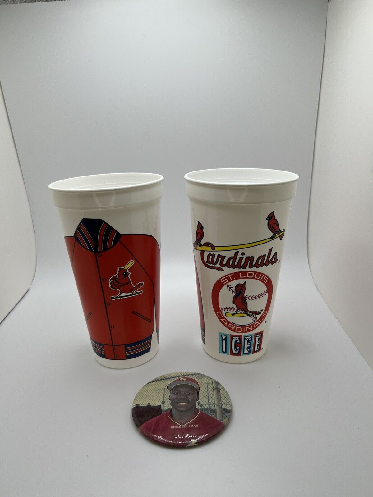 Saint Louis Cardinals Souvenir Plastic Icee Cups and Vince Coleman Pin Vintage