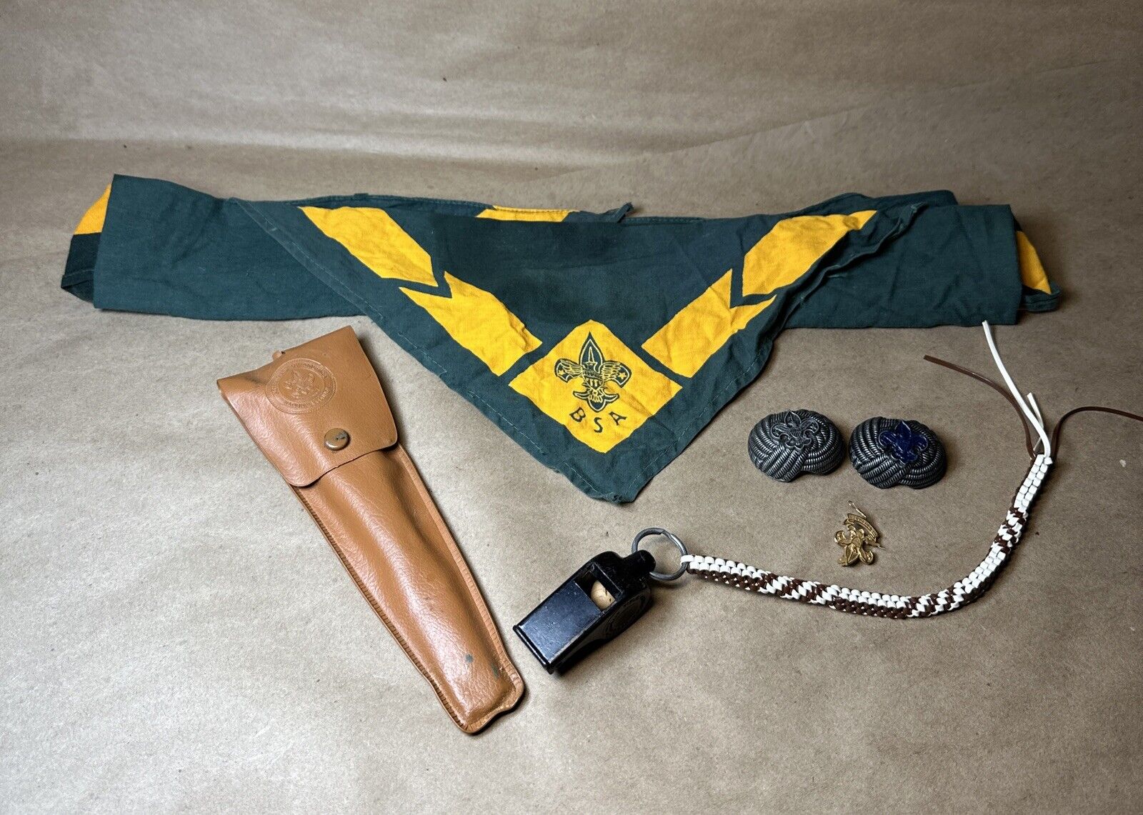 vintage boy scouts memorabilia Scarf, Buttons, Silverware, Pin, Whistle