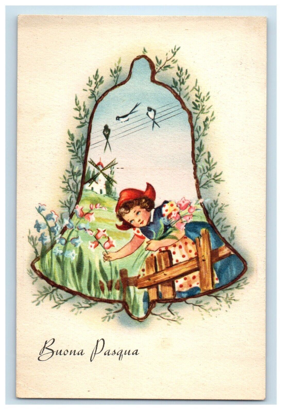 c1930's Happy Easter Italian Giant Bell Girl Planting Flowers Vintage Postcard