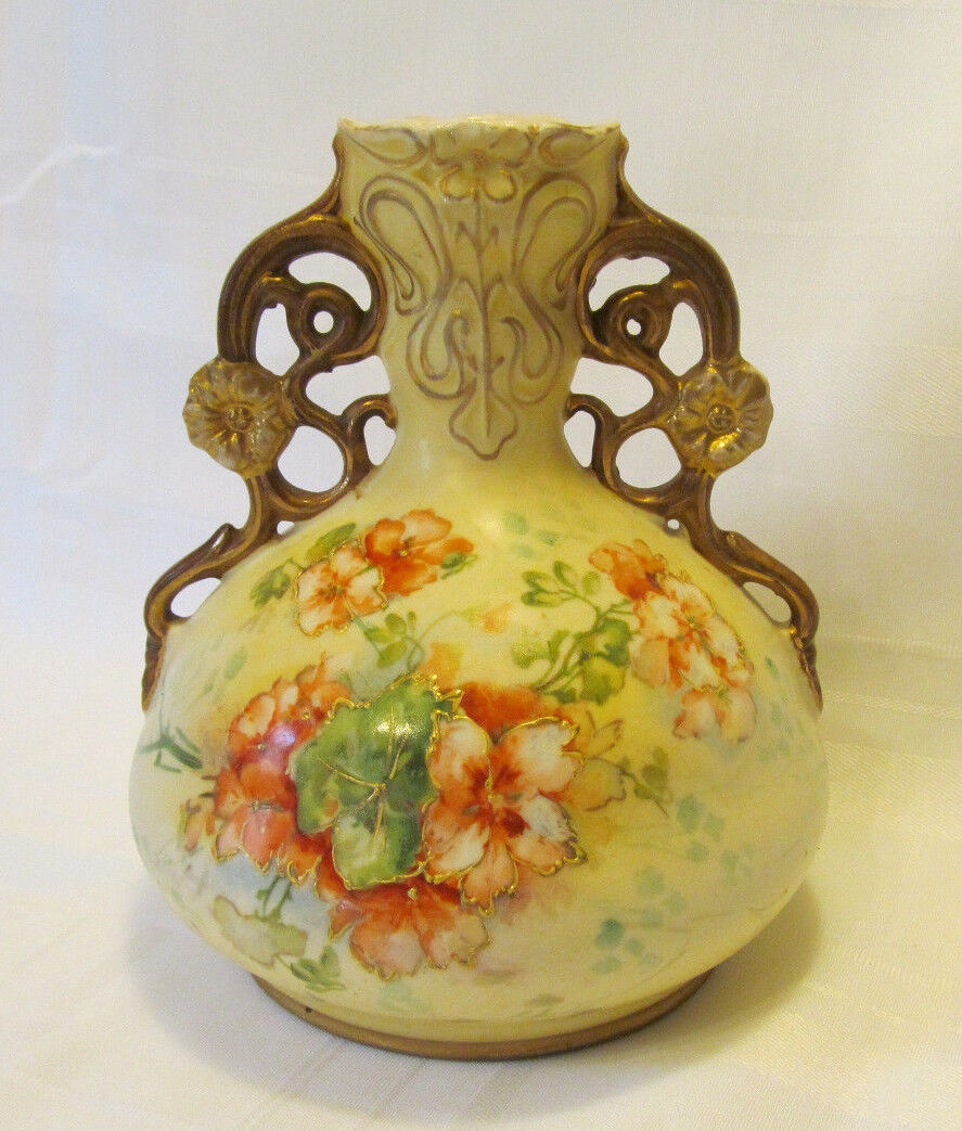 Antique Ernst Wahliss Turn Wien Austria Porcelain Vase Orange Floral 6\