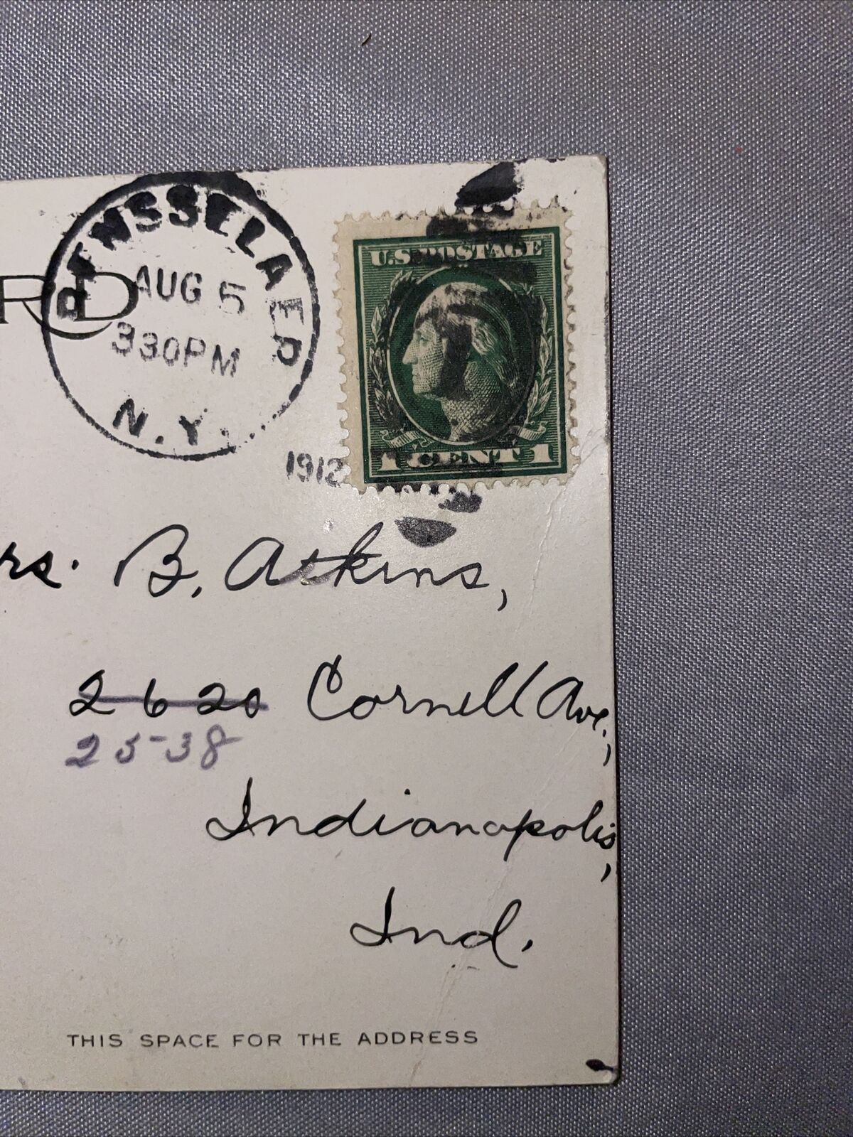 1912 Postmarked Postcard with Rare George Washington 1 Cent Green Stamp Vintage