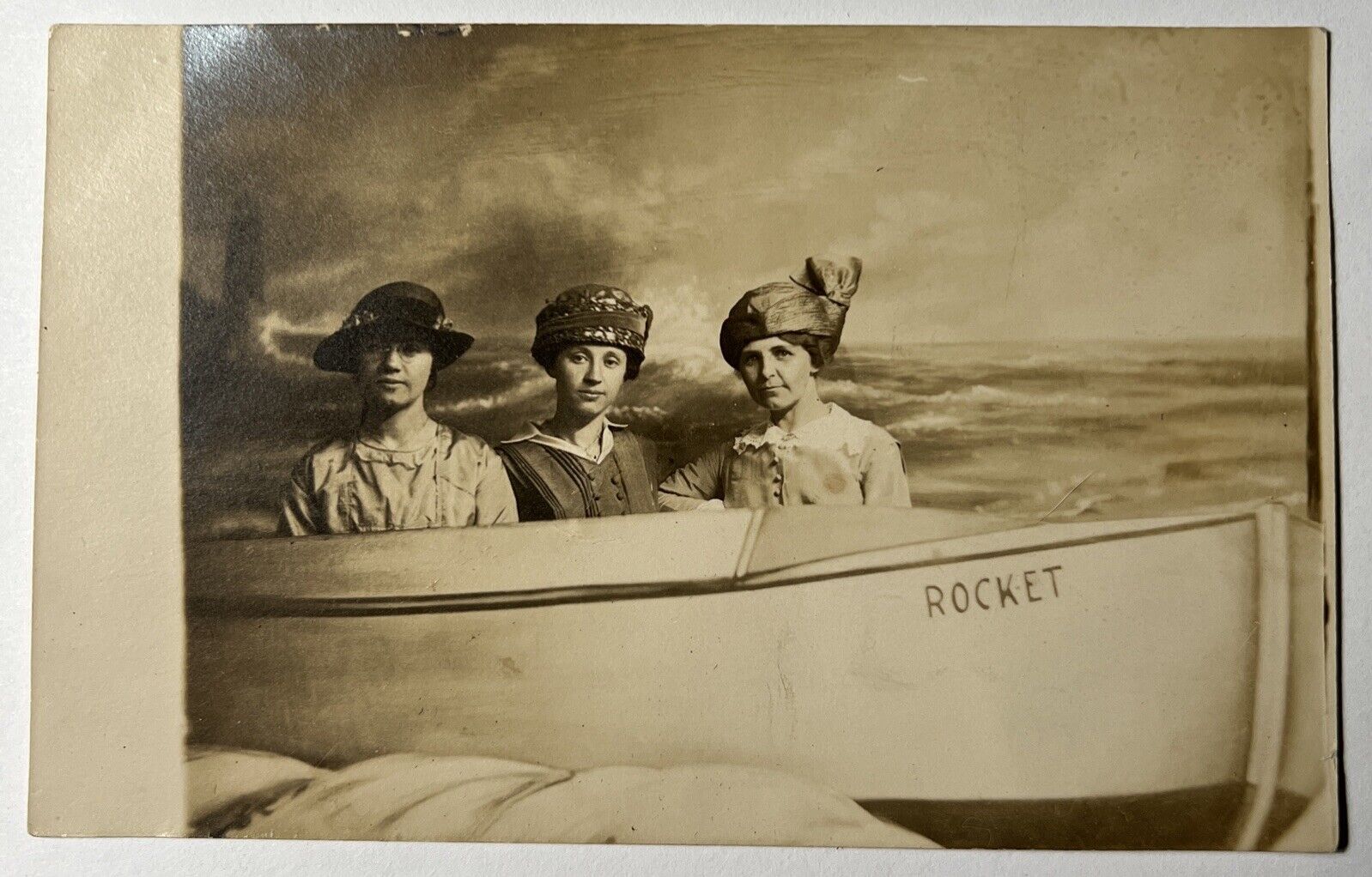 1910 Three WOMEN Rocket Boat ROUGH SEAS RPPC Real Photo Postcard Lighthouse