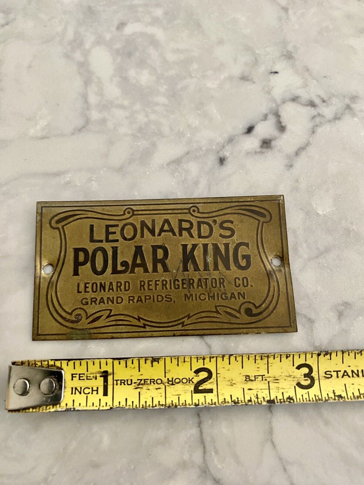 Antique Ice Box Brass Name Plate LEONARD’S “POLAR KING” Grand Rapids,Michigan