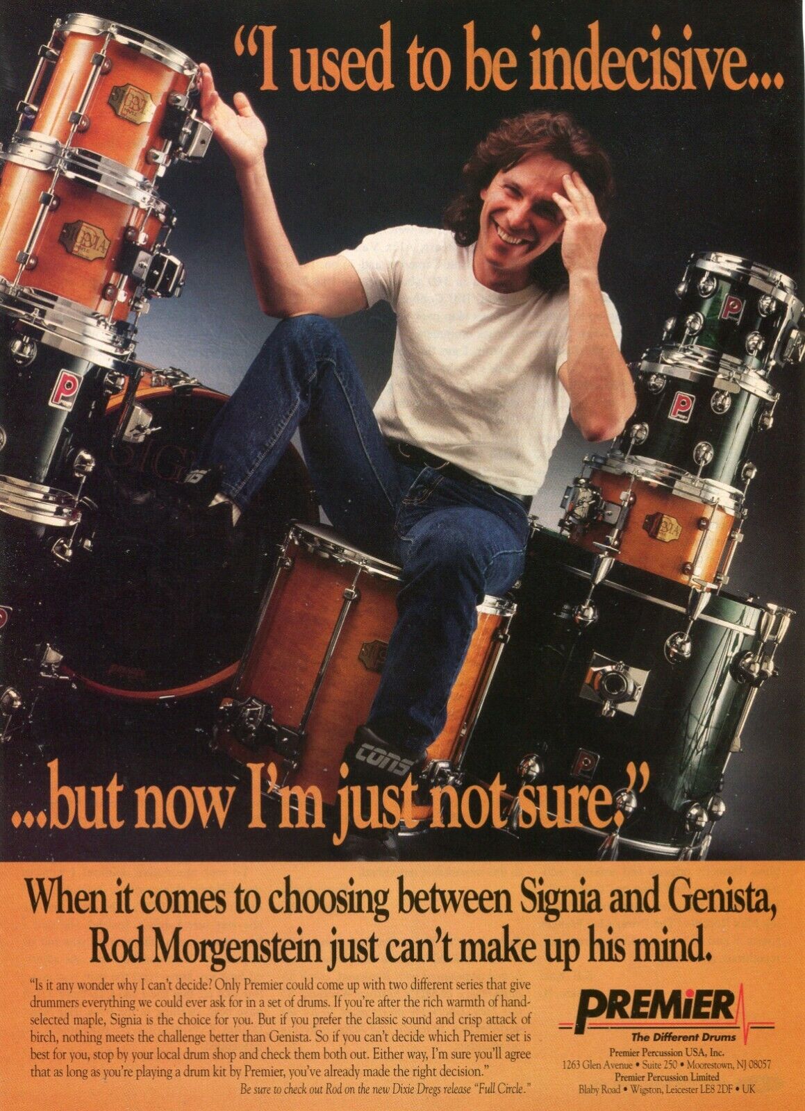 1995 Print Ad of Premier Signia & Genista Drum Kit w Rod Morgenstein 