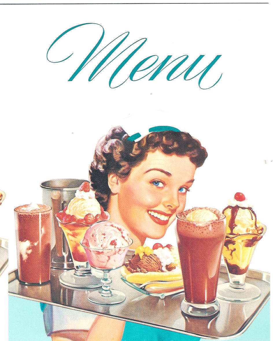 DINER MENU Ice Cream Waitress for 1950s Diner Cafe Soda Fountain Carhop Drive-In