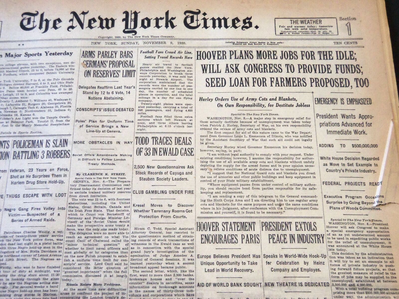 1930 NOVEMBER 9 NEW YORK TIMES - HOOVER PLANS MORE JOBS FOR THE IDLE - NT 5660