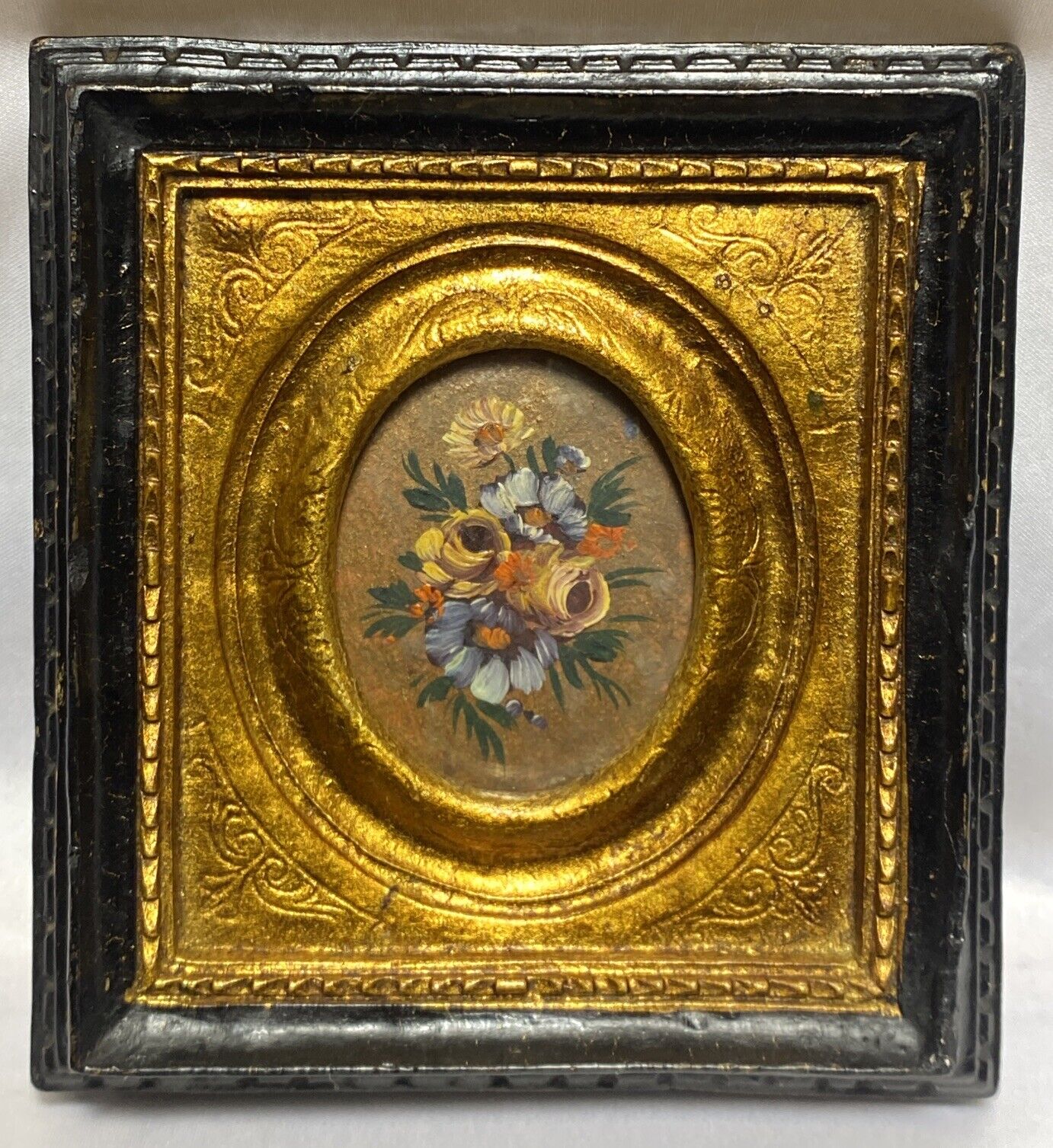 Antique Victorian Original Miniature Floral Painting Gilt & Ebonized Gesso Frame