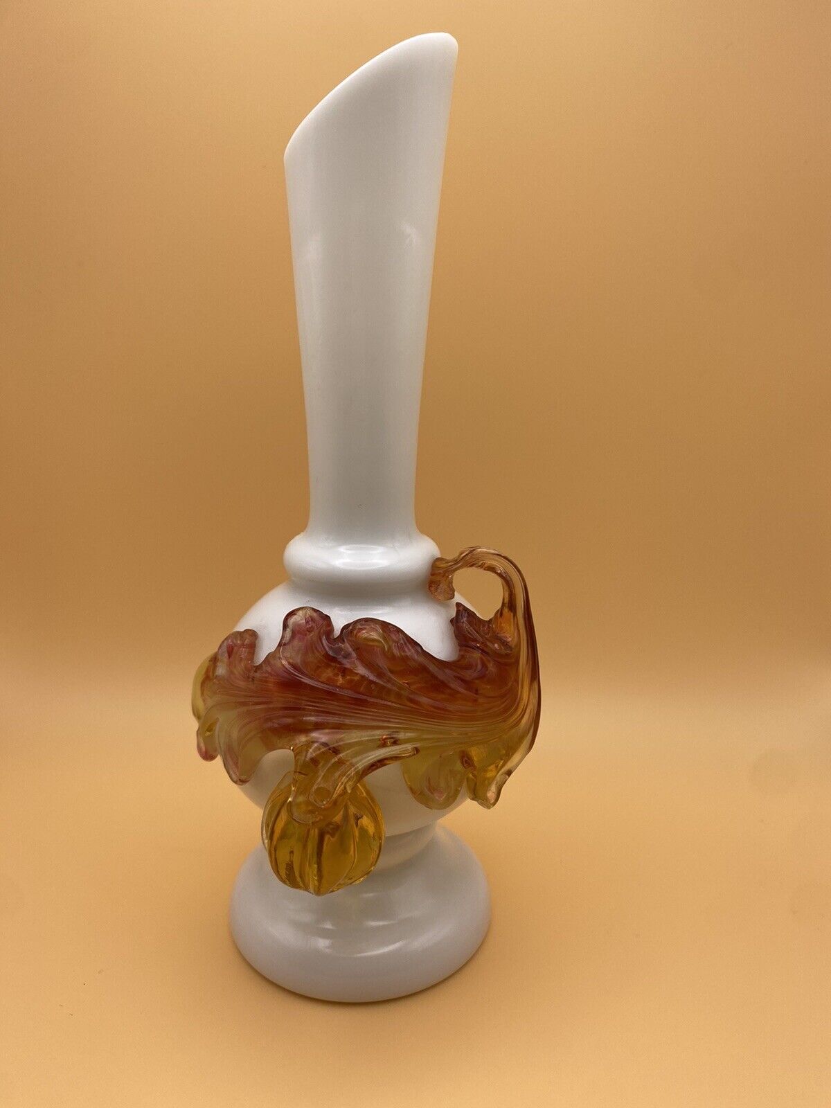 Antique Victorian Steven Williams Glass England Applied Leaves w/Walnut Bud Vase