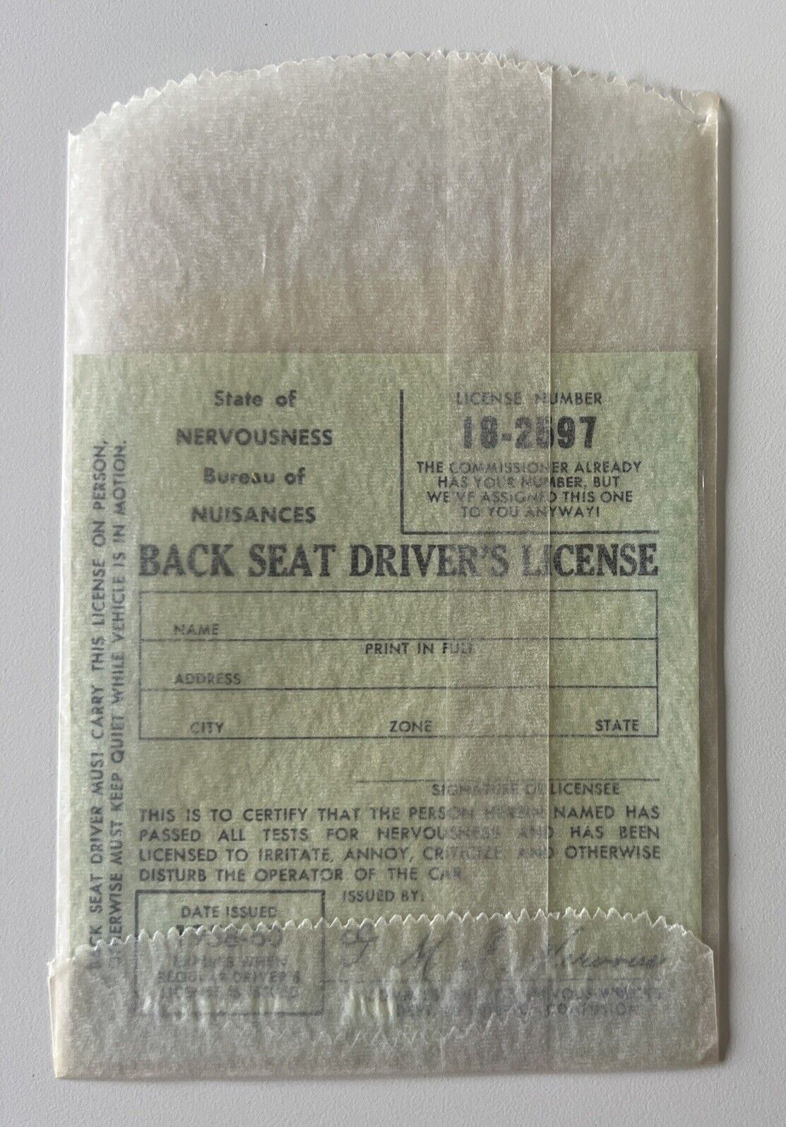 Vintage 1958-60 Back Seat Driver’s License Hilarious Funny Gag Gift - Brand New