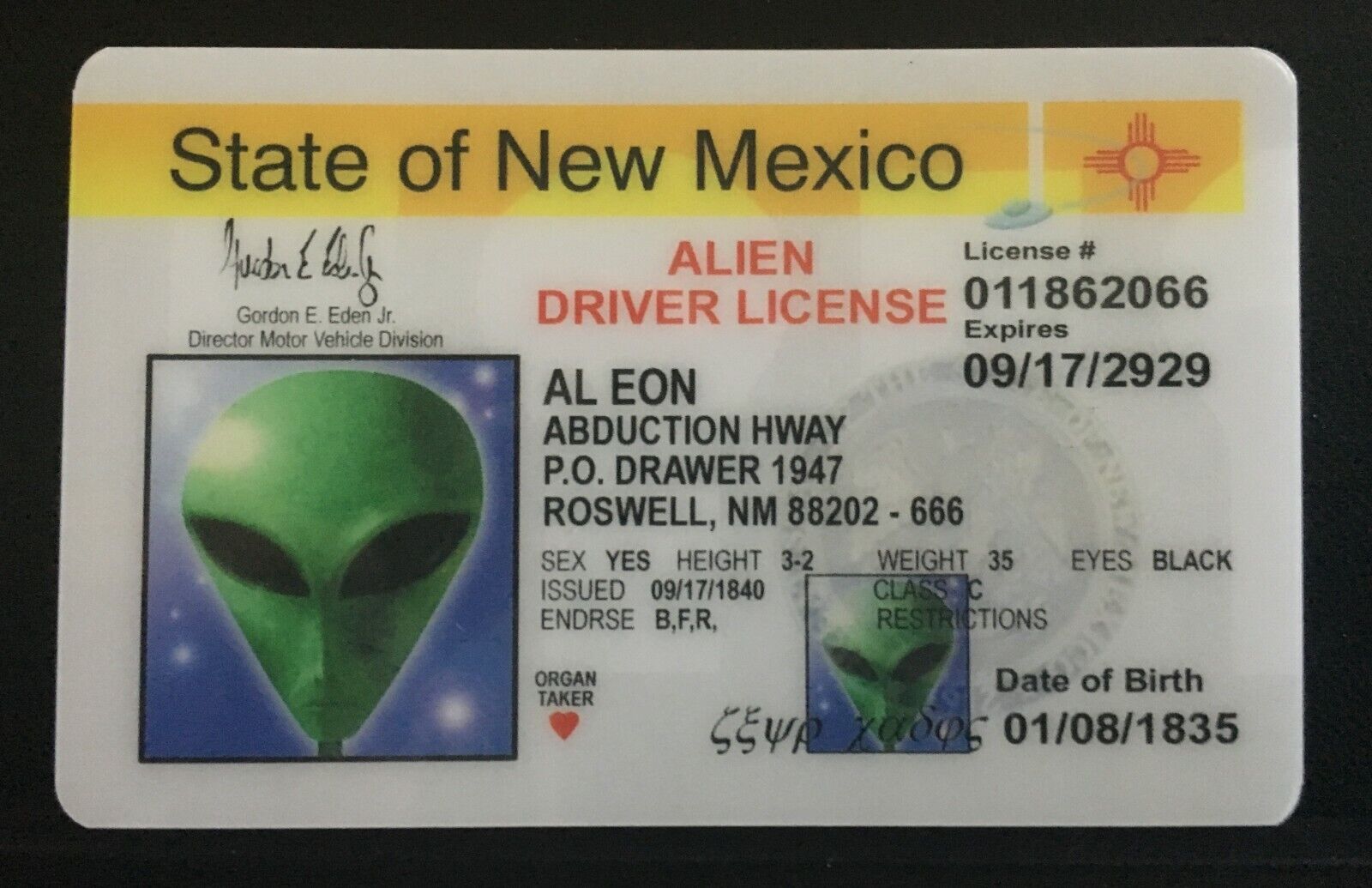 Alien AL Eon State of New Mexico Novelty Card UFO Roswell Aliens Spaceship 51