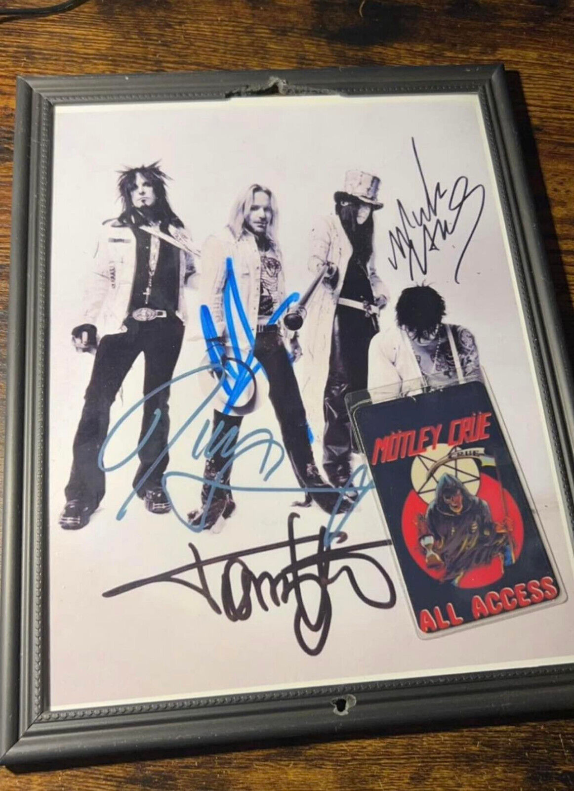Motley Crue Band signed  Framed photo reprint with crew Laminate Pass