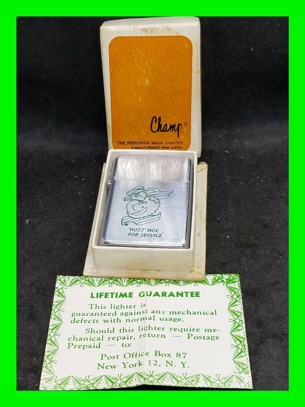 Unfired Vintage Champ Austrian Lighter ~ Buzz Hoe For Service Saw Blades w/ Box 