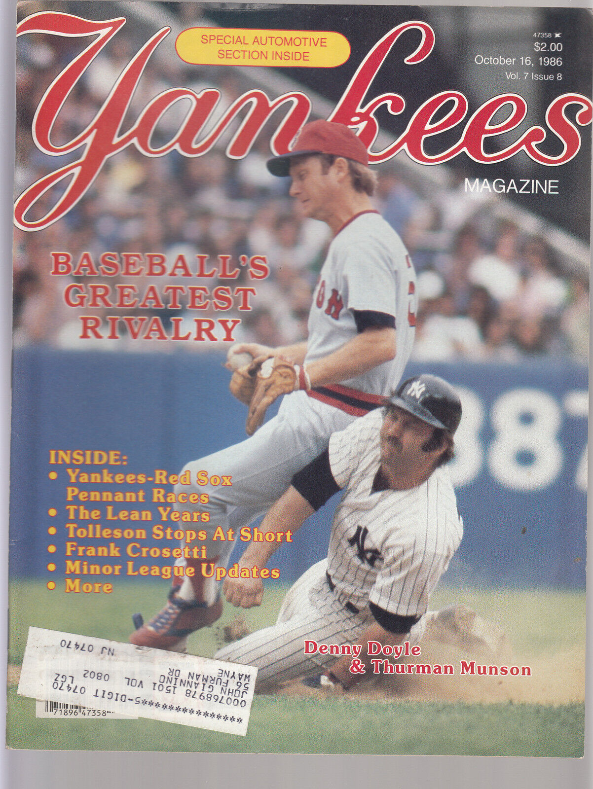 Thurman Munson 1986 NY Yankees Magazine Red Sox Rivalry Yankees Automobiles