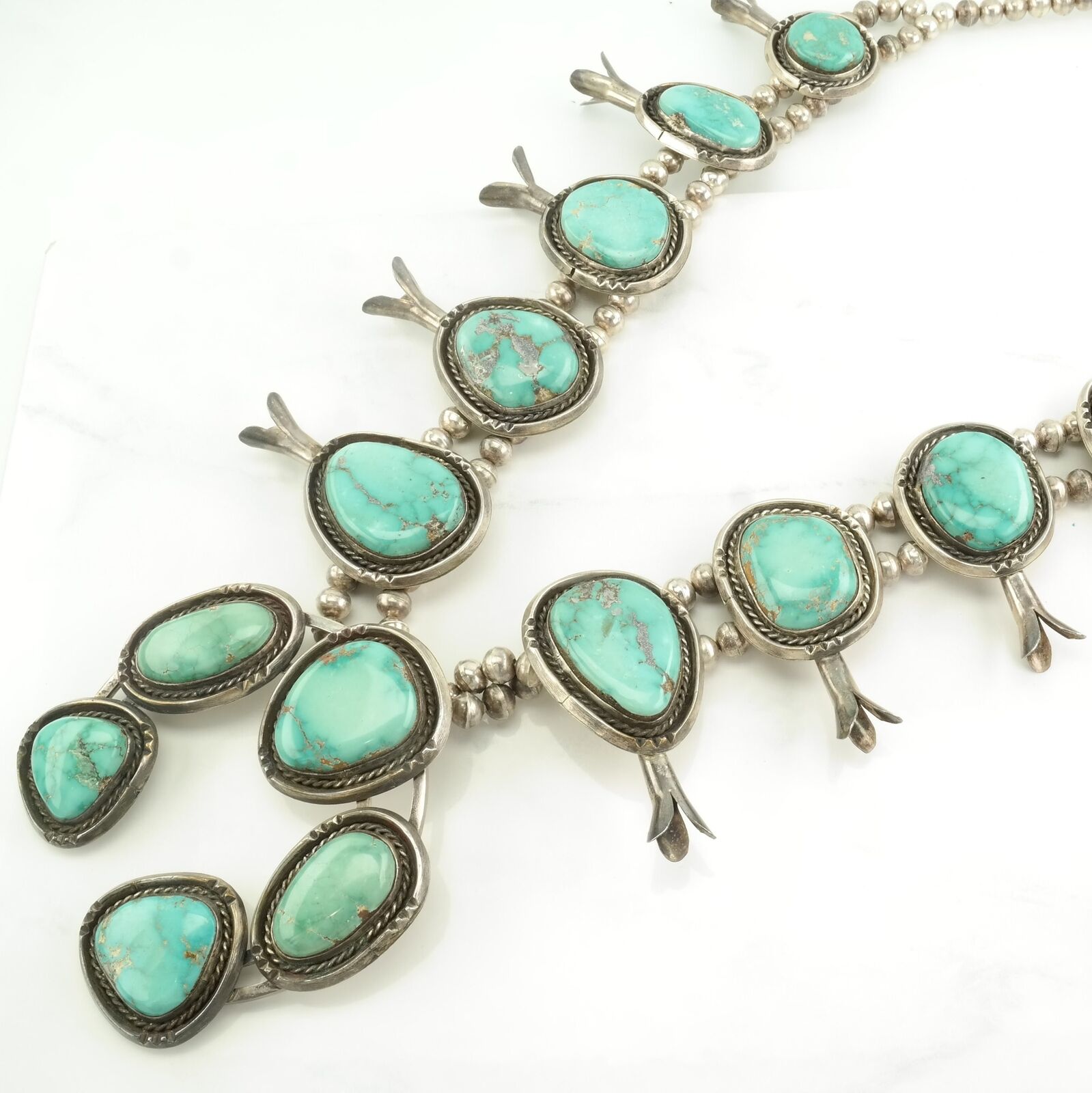 Vintage Native American Sterling Silver Turquoise Heavy Squash Blossom Necklace