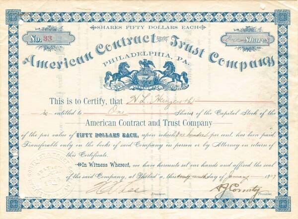 American Contract and Trust Co - Stock Certificate - Banking Stocks
