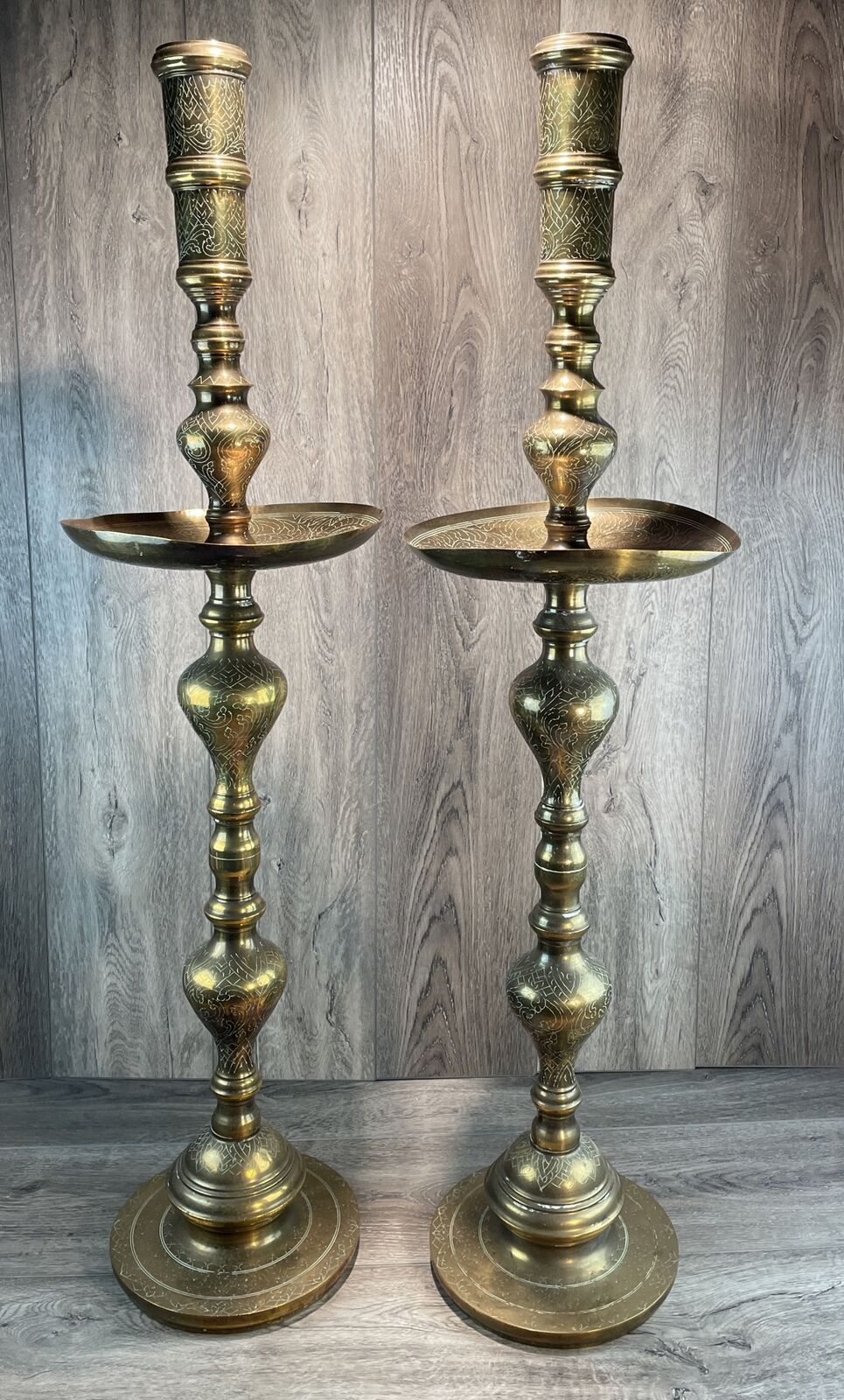 Etched Pair  Brass Floor  Candlesticks Altar Prayer Candle Holders 39 Inch Tall