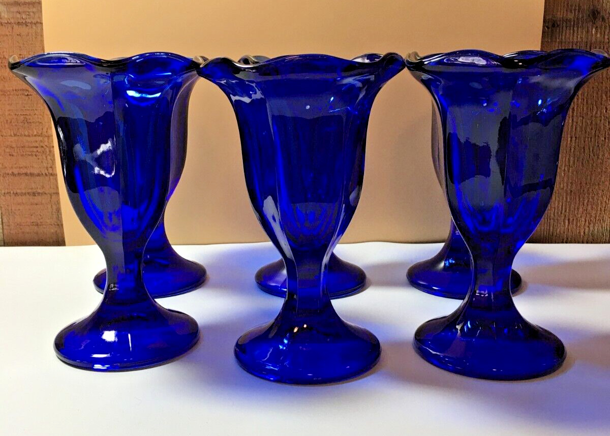 6 VTG ANCHOR HOCKING Cobalt Blue Fountainware 6oz Soda Fountain SUNDAE GLASSES