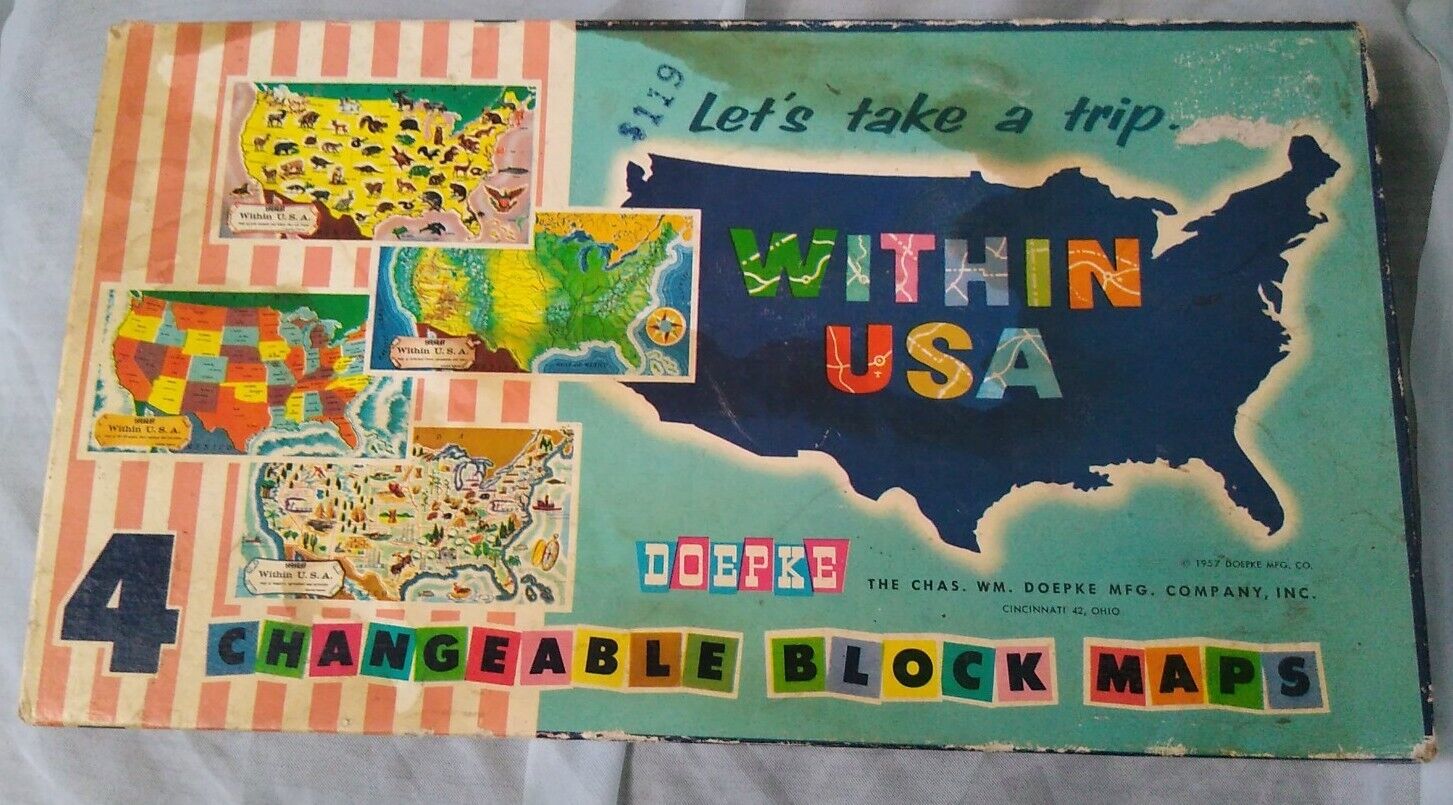 Chas Wm Doepke VTG 1950s Wooden Block Maps Toy Let\'s Take A Trip Within USA 1957