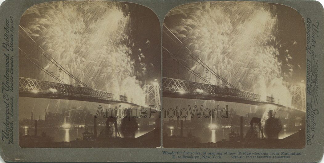 Williamsburg Bridge opening Brooklyn New York fireworks antique SV photo