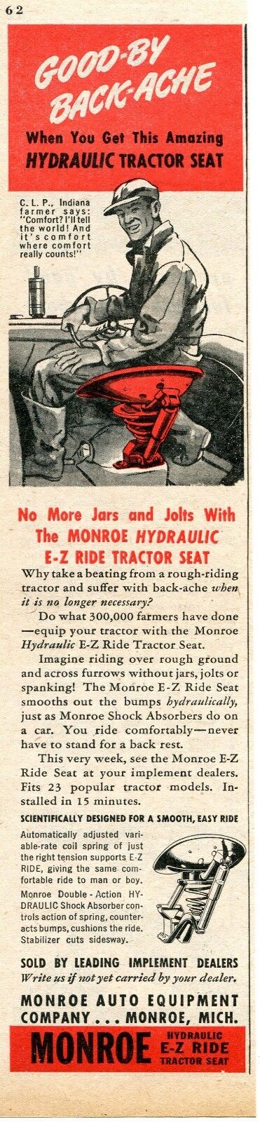 1947 Print Ad of Monroe Auto Equipment Hydraulic E-Z Ride Tractor Seat