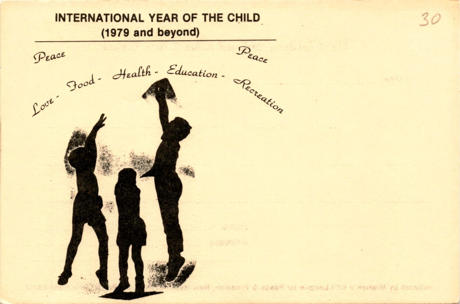 International Year of the Child, peace, love, food, health, education, Postcard