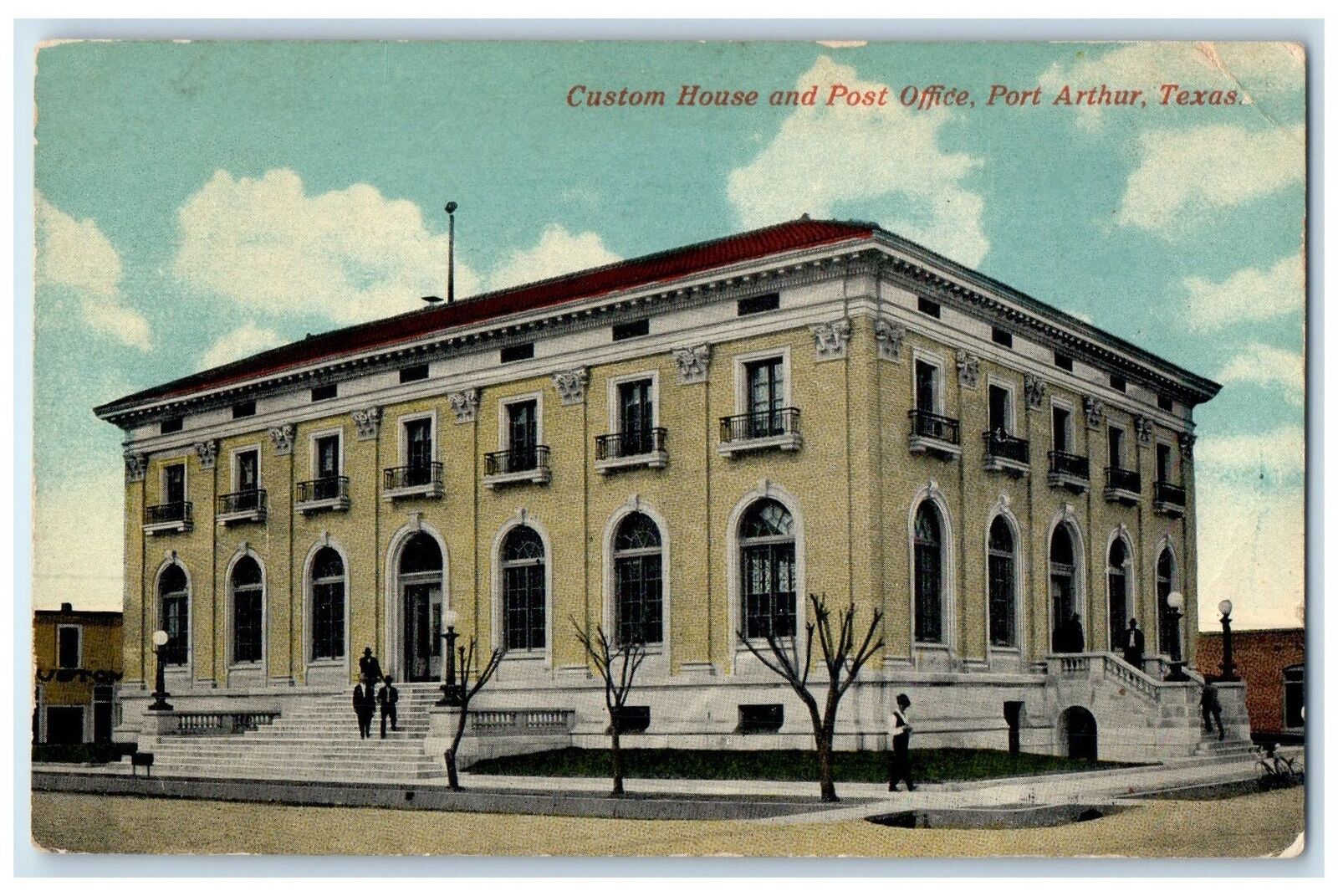 c1910 Custom House Post Office Building People On Stairs Port Arthur TX Postcard