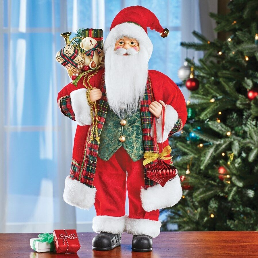 Holiday Santa Claus Dressed In Tartan Plaid Collectible Christmas Figurine