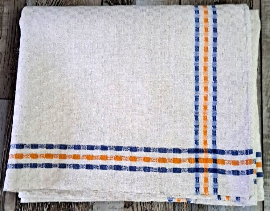 Vintage Woven Tablecloth Blue Orange Stripes Mid Century Granny Country 46x55