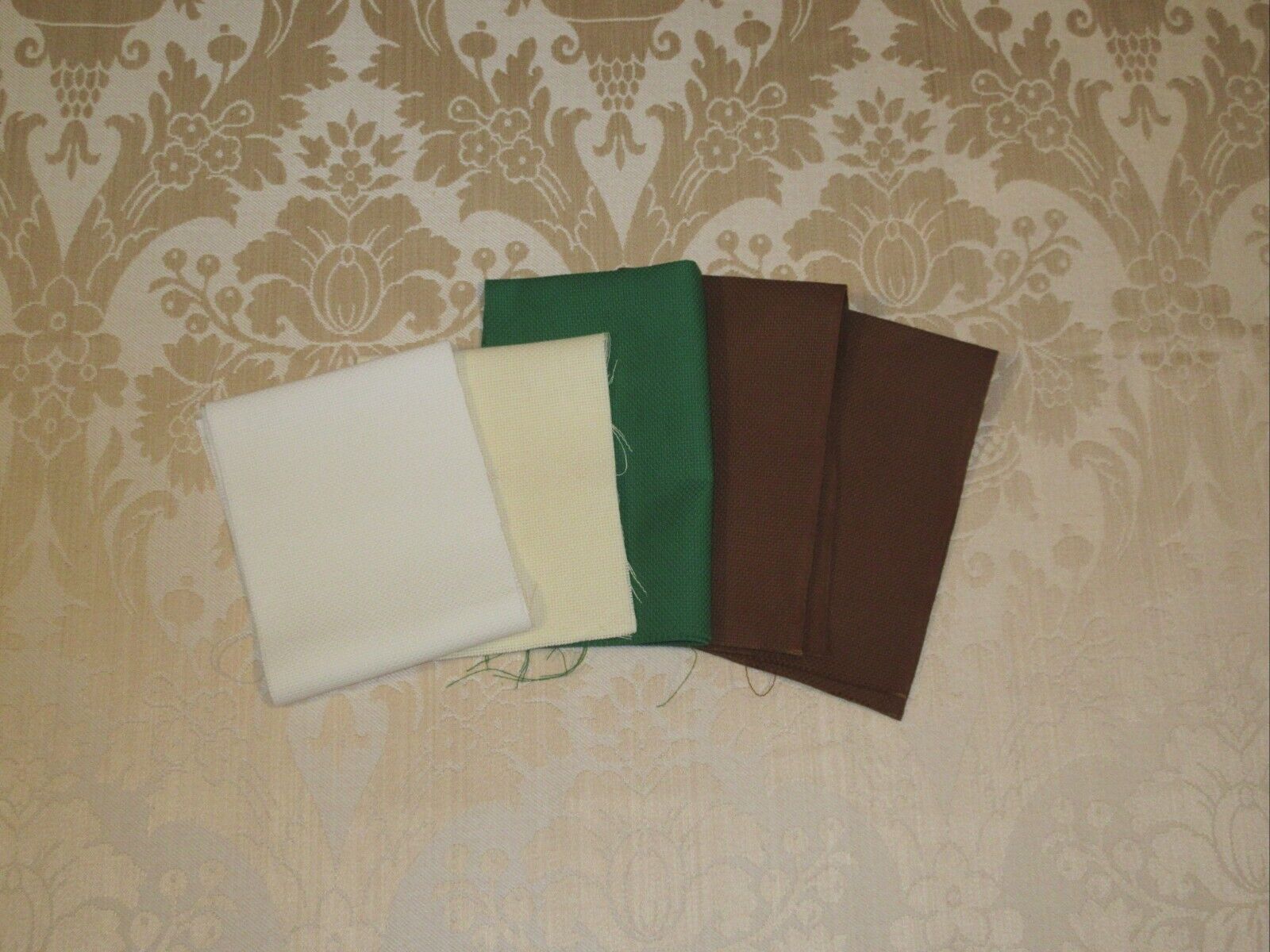 Vintage Aida Cloth White Green Brown Cross Stitch Fabric Scraps 5pcs