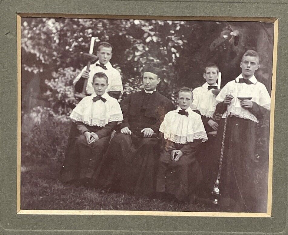 Antique Victorian Religious Photograph Priest With Group Of Altar Boys  Rare