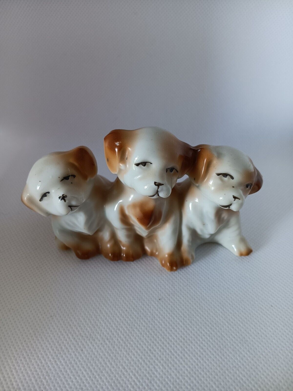 Vintage Ceramic Trio Of Puppy Dogs Japan Brown  & White 