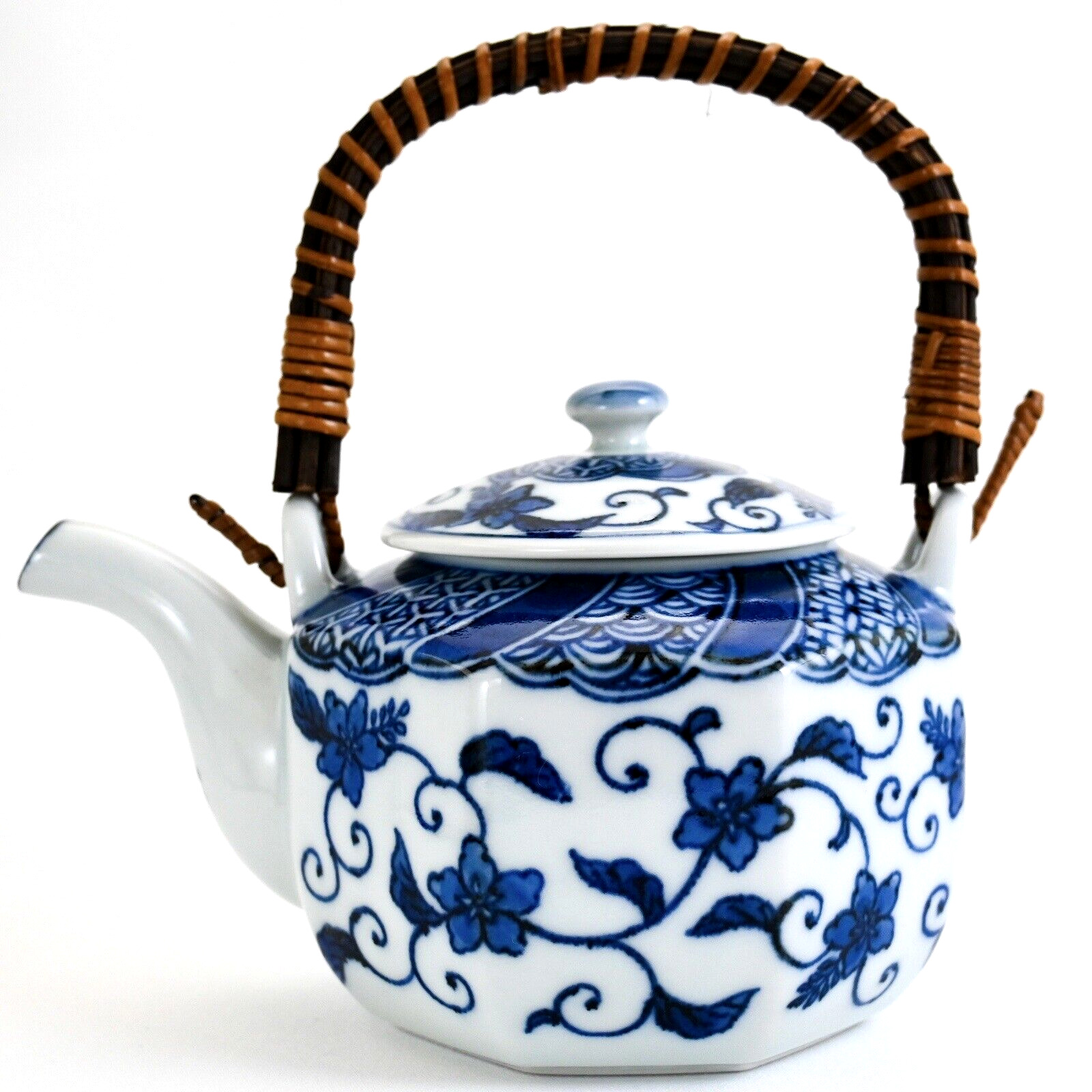VTG Japan Teapot Dobin Blue & White Karakusa Octagonal Shape Porcelain Seto ware