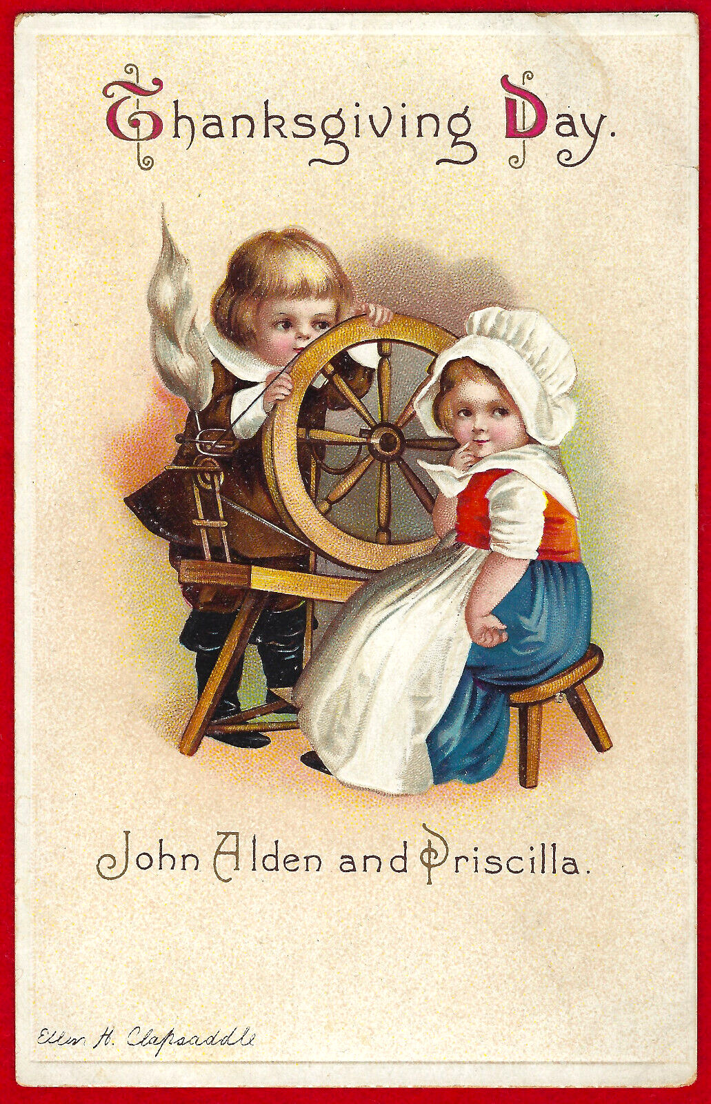 Clapsaddle Thanksgiving Pilgrim Kids John Alden + Priscilla A/S Emb PC Vtg c1912