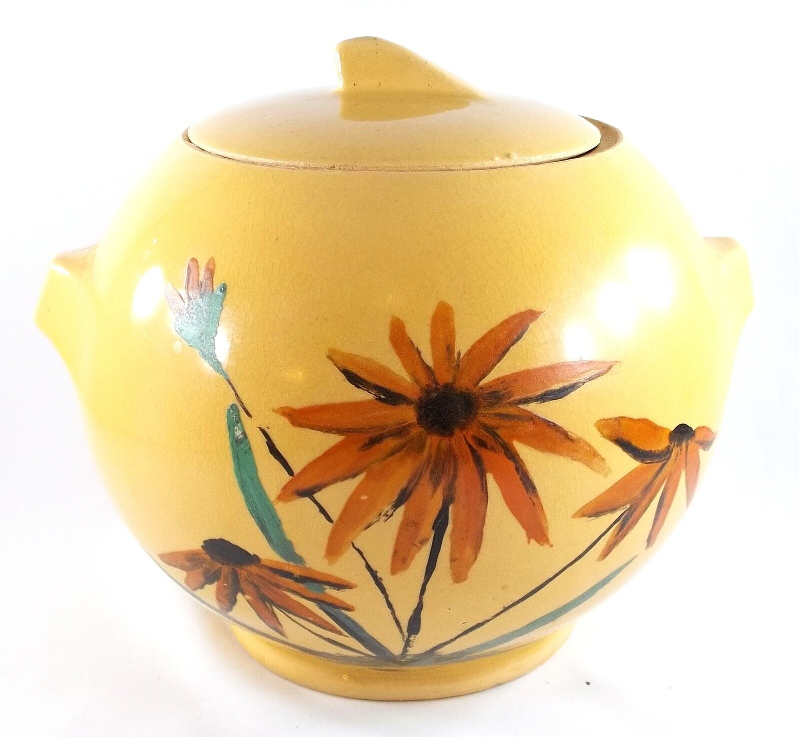 Vintage Yellow Ware Cookie Jar, Spherical Shape, Hand Painted Floral Decoration