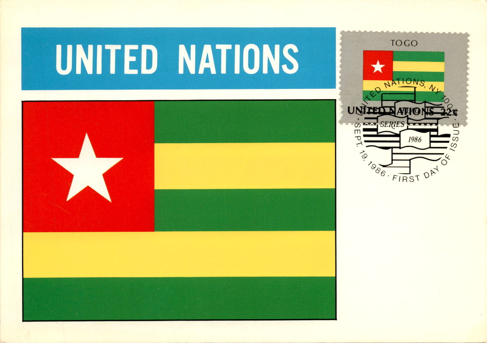Togo, United Nations, Flaggen der Nationen 1986, Republic of Togo, Lomé Postcard