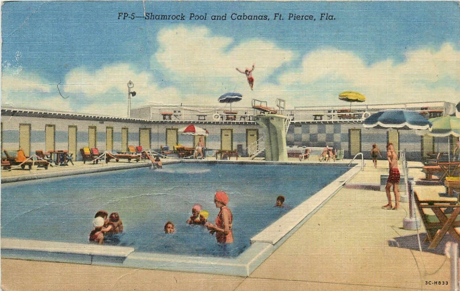 Shamrock Pool and Cabanas Ft Pierce Florida FL pm 1950 Postcard
