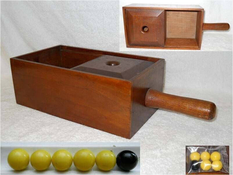 Black Ball Secret Voting Box Wooden Antique Handle Sliding Beveled Top 6 Marbles