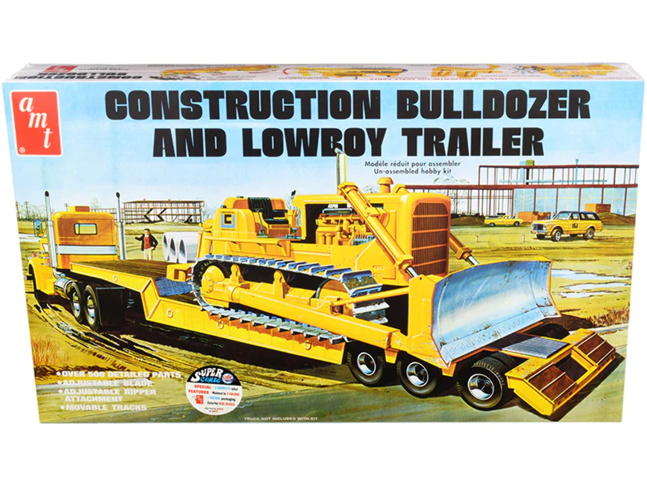 Skill 3 Model Kit Construction Bulldozer and Lowboy Trailer Set of 2 pieces 1/25