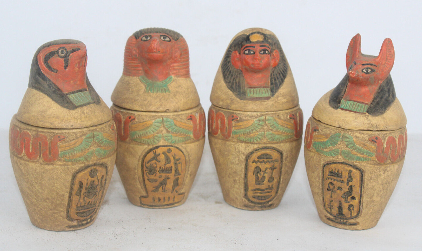 4 CANOPIC Jar ANCIENT EGYPTIAN Mummification Statue Anubis, Horus, Queen, Baboon