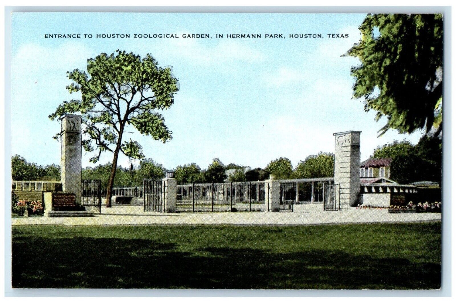 c1940 Entrance Houston Zoological Garden Hermann Park Houston Texas TX Postcard