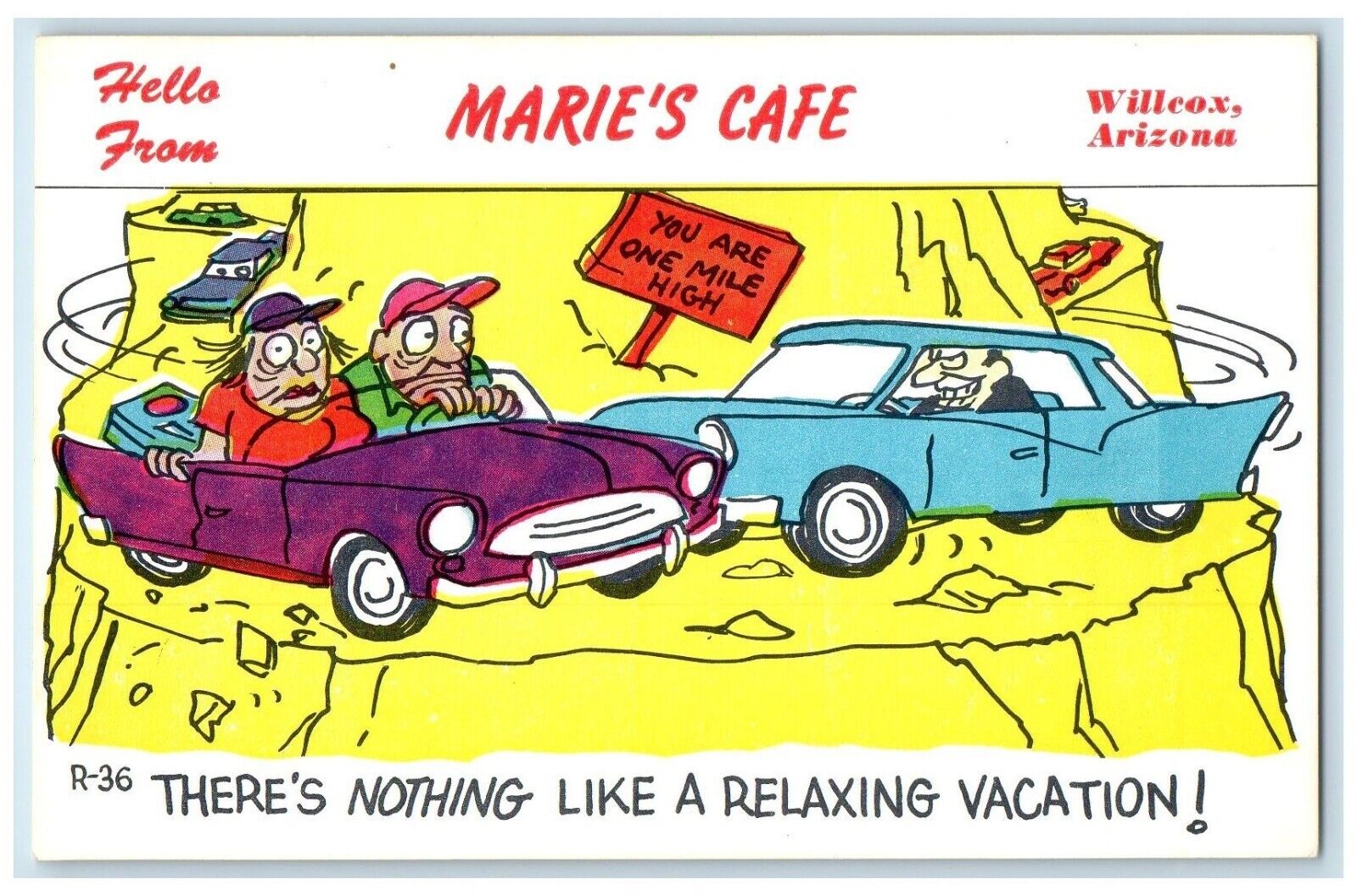 Hello From Marie's Cafe Willcox Arizona AZ, Cars You Are One Mile High Postcard