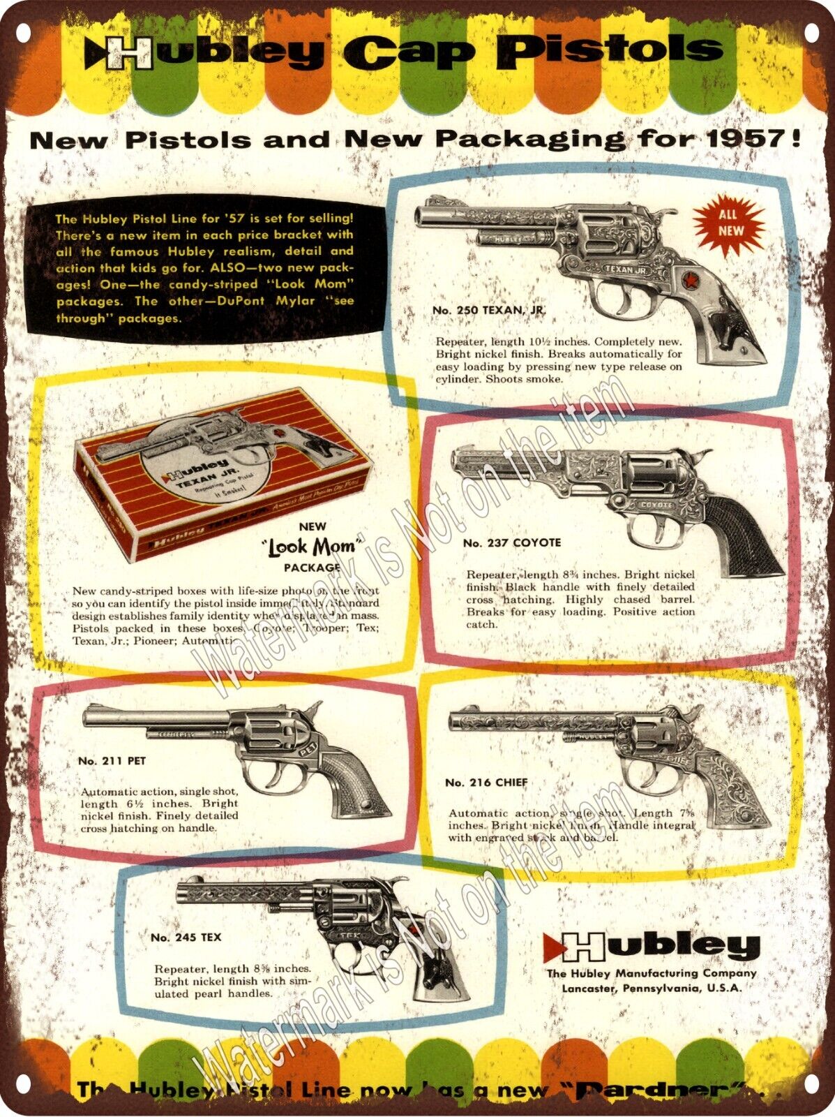 1957 Hubley Cap Pistols Coyote Chief Texan Pet Tex Metal Sign 9x12\