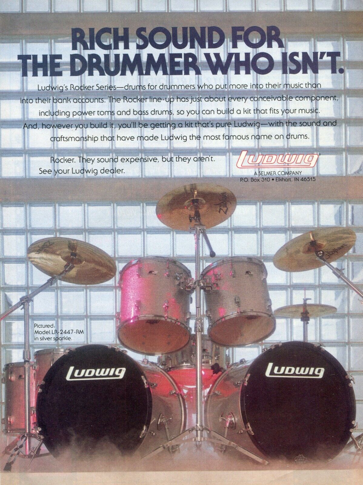 1990 Print Ad of Ludwig Rocker Series Drum Kit Silver Sparkle Finish