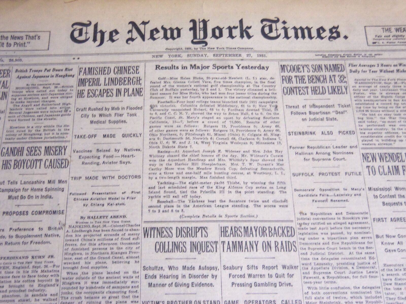 1931 SEPTEMBER 27 NEW YORK TIMES - FAMISHED CHINESE IMPERIL LINDBERGH - NT 6680